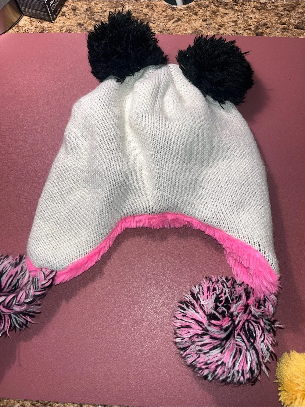 Kids Plush Panda Earflap Hat - White and Pink and a yellow hat with a snail